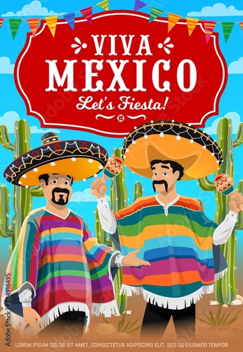 Viva Mexico vector poster with Mexican musicians music band. Cartoon characters playing maracas at desert with cacti and flag garlands. Mexican men in sombrero hat and poncho at cinco de mayo festival