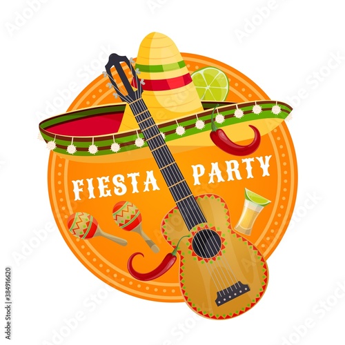 Mexican fiesta party sombrero and guitar vector design of Viva Mexico. Mexican mariachi musician hat, maracas, red chilli pepper and tequila, jalapeno and lime, greeting card or festive poster