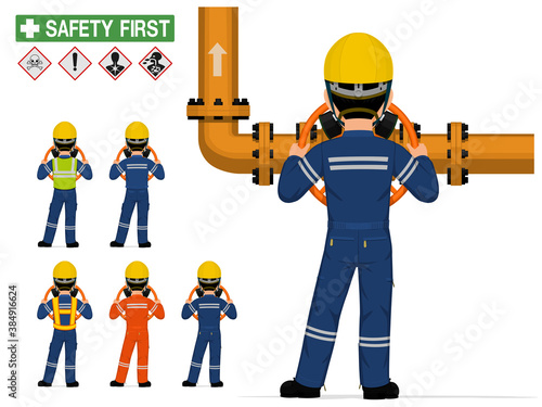 Isolated industrial worker with respirator is operating valve on white background