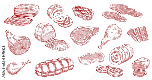 Pork sausage, veal beef and lamb steak sketches. Bacon, ham and jamon leg, meat roll, chicken or turkey legs, sirloin, brisket and mortadella engraved vectors set. Raw and processed meat products