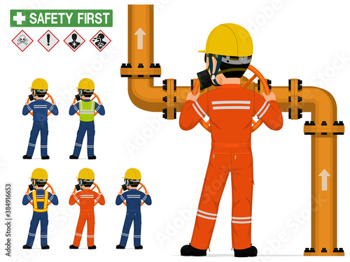 Isolated industrial worker with respirator is operating valve on white background