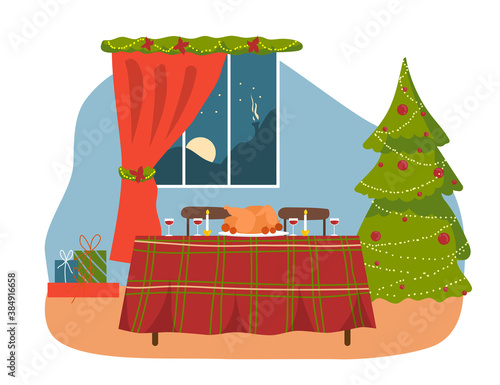 Christmas apartment, interior of the Christmas room, set table, tree, window with gorland and gifts.