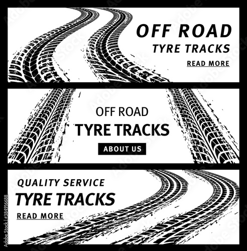 Off road tire tracks, black car tyres prints, grunge vector marks. Bike race, vehicle, transportation dirty wheels trace. Rubber tires print, automobile or bicycle drag. Monochrome graphic banners set