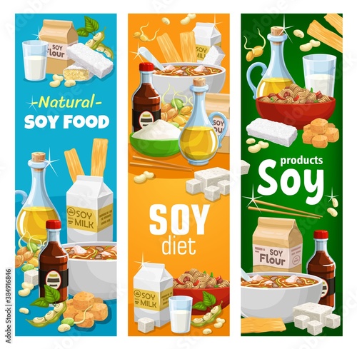 Soybean and soy products vector miso soup, soy sauce and tofu cheese, soybean milk and oil, flour, meat and skin, tempeh and sprouted beans. Asian cuisine, vegetarian and vegan nutrition banners set