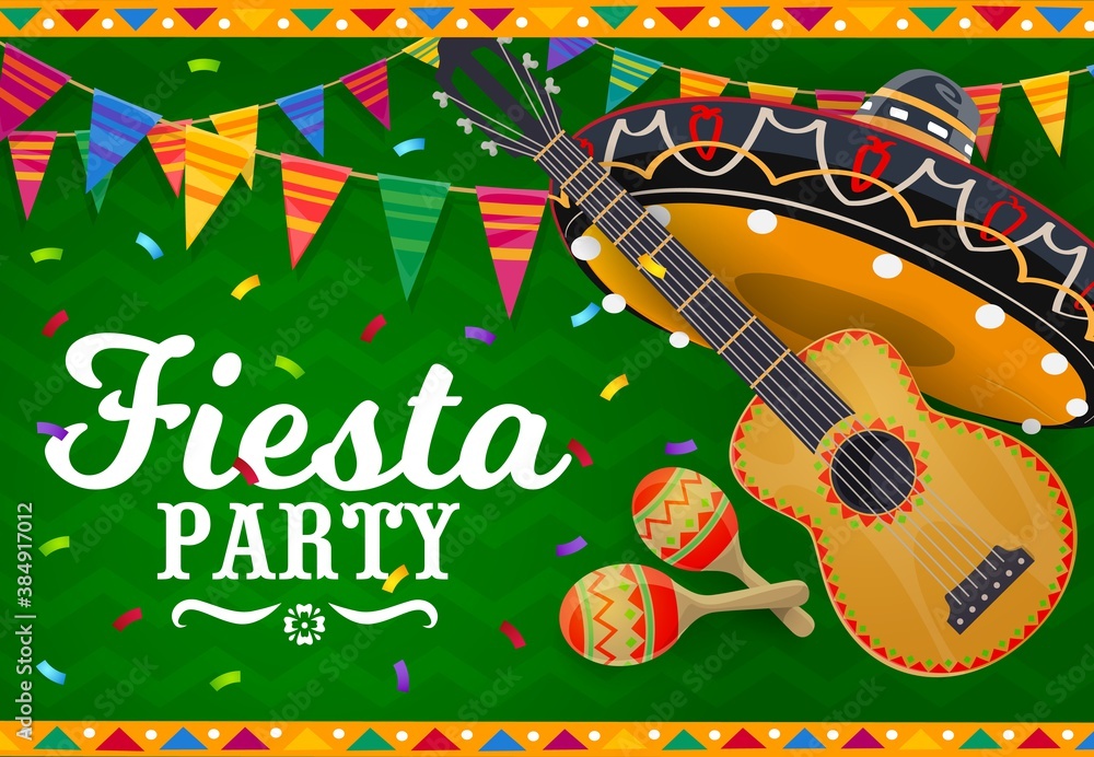 Mexican sombrero, guitar and maracas vector banner. Fiesta party ...