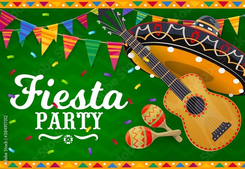 Mexican sombrero, guitar and maracas vector banner. Fiesta party mariachi musician hat and musical instruments with bunting garlands, flags and paper confetti, Mexican holiday greeting card design