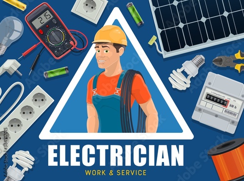 Electrician and energy supply equipment banner. Electrician in overalls and helmet carrying cable on shoulder, solar panel, lamp and electricity meter, battery, extension cord and multimeter vector