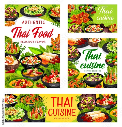 Thai cuisine vector spring rolls, thai salad with beef and seasame, rice with coconut milk and shrimp, calamari salad. Tom yam kung and salad with grapefruit, Asian food dishes banners