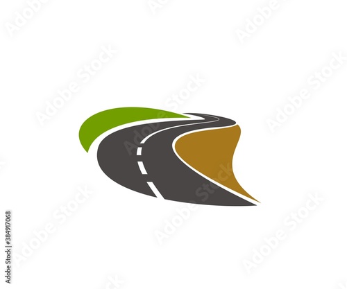 Road, pathway, highway vector icon. Winding paved road running through green fields with grassy roadside. Travel or transportation service design element, curve driveway isolated on white background