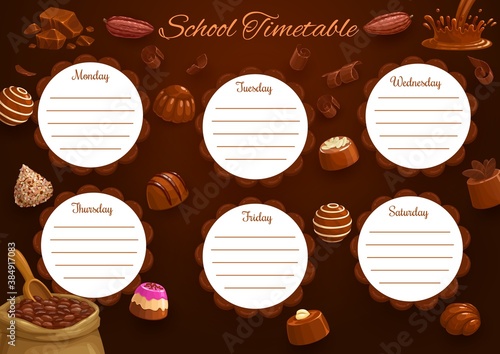 School timetable or schedule, education vector template with chocolate background. Student study plan, lesson chart of weekly planner of elementary school pupils with chocolate splashes, curl, candies