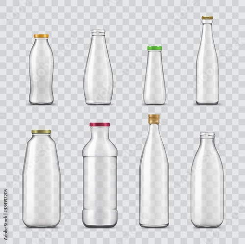 Bottle and jar realistic mockups of vector glass containers isolated on transparent background. Empty bottles for water, juice and milk drinks, sauce, yogurt, oil and soft beverages with metal caps