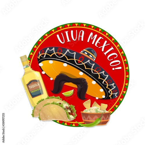 Mexican sombrero and mustache, Viva Mexico vector design. Festive hat with moustache, tequila and lime, corn tortilla tacos and nachos with guacamole and jalapeno pepper, greeting card or poster