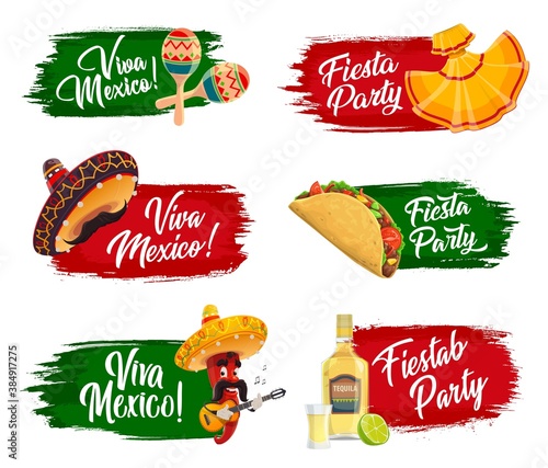 Mexican holidays vector icons. Fiesta party, viva Mexico isolated labels with sombrero , tequila, lime and jalapeno pepper musician on grunge brush strokes with typography. Cartoon Cinco de Mayo set