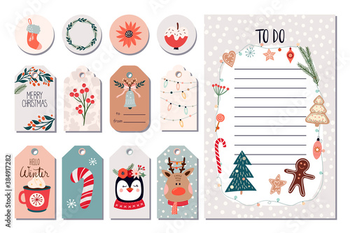 Christmas stickers set, winter tags/hanged labels and To Do list with cute seasonal elements, template for notebook and stationery, hand drawn design
