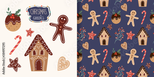 Christmas set with seamless pattern and Christmas goodies, gingerbread collection, winter design