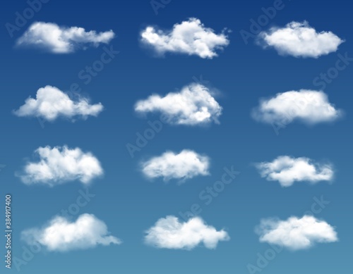 Realistic clouds in blue sky. Vector white soft and fluffy spindrift or cumulus clouds flying on heaven background  weather and nature isolated 3d design elements. Meteorology and climate themed set