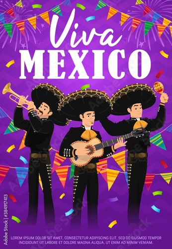 Viva Mexico vector poster with Mariachi band. Mexican musicians in sombrero and national costumes playing guitar, trumpet and maracas, flag garlands and fireworks. Cinco de Mayo event celebration card