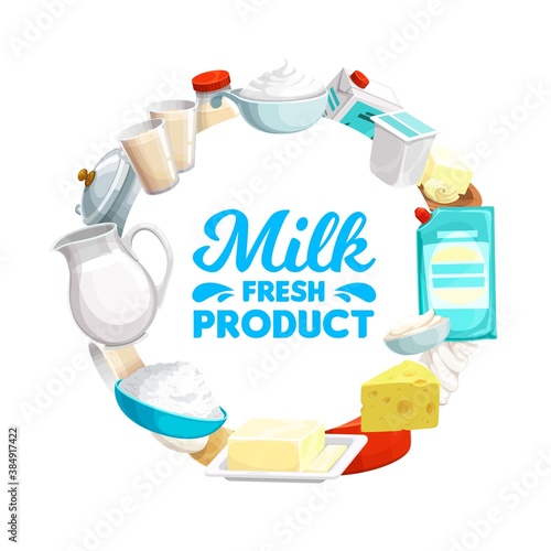 Dairy and milk farm products round banner. Fresh sour cream and yogurt box, whole, baked and condensed milk in jug, bottle and glass, hard and cottage cheese, butter vector. Diary food packaging