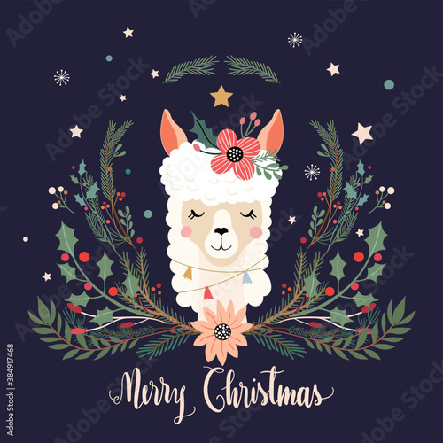 Christmas greeting card with llama and floral wreath
