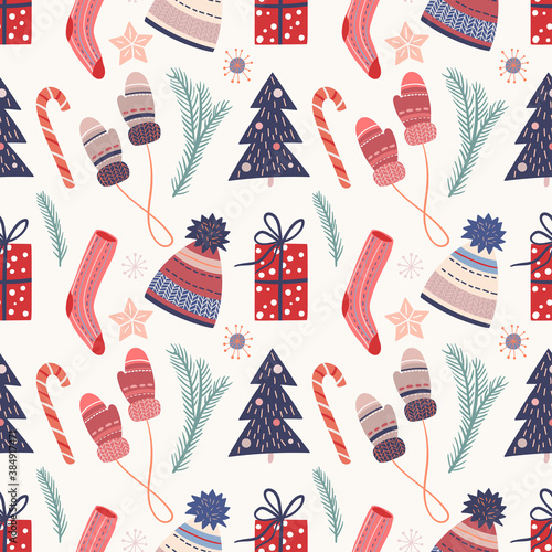 Winter seamless pattern with cute elements, cozy clothes, candies, pine branches and gift boxes, seasonal design