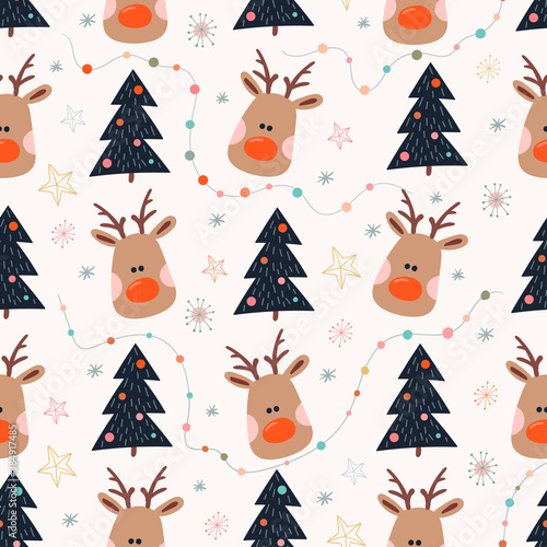 Christmas seamless pattern with reindeer and Christmas tree, hand drawn elements, winter design
