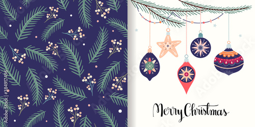 Christmas set with seamless pattern and greeting card, seasonal winter design