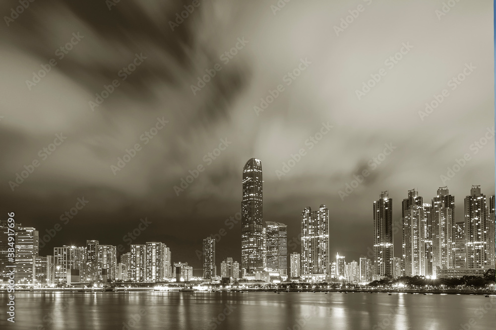 Night scenery of skyline and harbor of downtown district of Hong Kong city