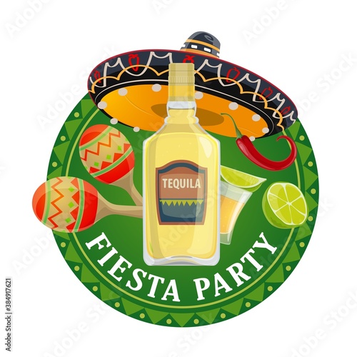 Mexican fiesta party vector design with mariachi musician sombrero hat, maracas, red chilli pepper or jalapeno, tequila and lime. Viva Mexico and Mexican holiday greeting card
