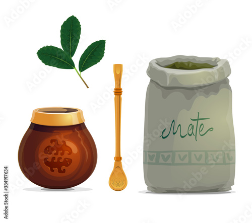 Mate tea drink cartoon vector of yerba mate plant leaves, calabash gourd cup, metal bombilla straw and bag of dried branches. South American hot beverage with accessories