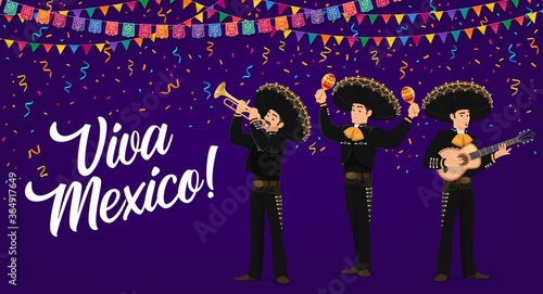 Viva Mexico vector banner. mexican Mariachi musicians band in sombrero and national costumes playing guitar, maracas and trumpet with flag garland and confetti. Cinco de Mayo fiesta party cartoon card