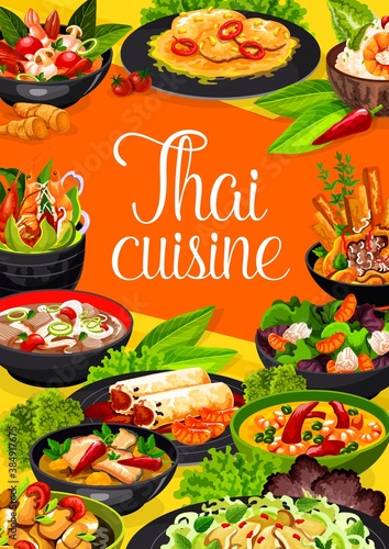 Thai cuisine vector salad with grapefruit, tom yam and pork tenderloin with peanuts, ginger soup with sea bass. Chicken noodles, spicy chicken pieces with cashews. Thai dishes, Asian food