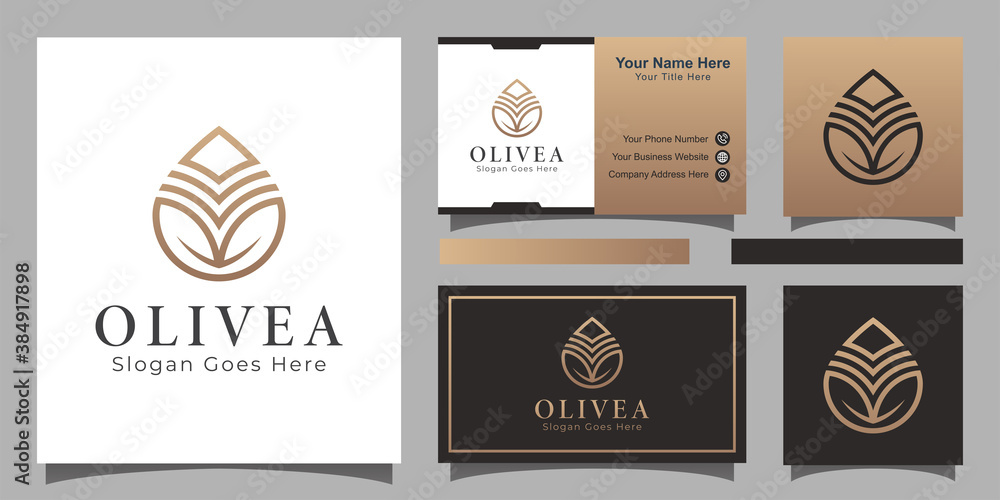 elegant line art style olive droplets nature logo, water drop, can be used to beauty care, spa, healthy, brand, cosmetics within business card design