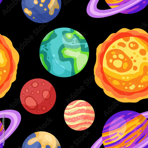Planets, stars and satellites space seamless pattern background. Solar system outer space planets children wallpaper texture tile. Vector stock image