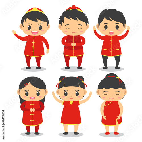 group of cute boy and girl wear chinese outfit in chinese new year vector