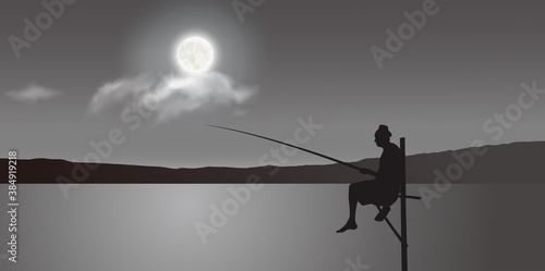 Traditional Stilt Fishing Method, Fisherman In Sri Lanka Under The Moonlight