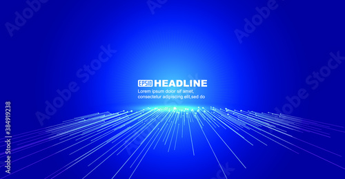 Blue light beams in forward perspective space, science and technology background.