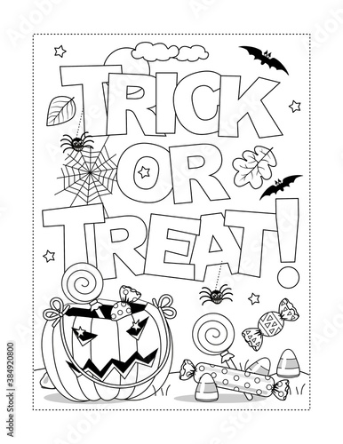 Halloween "Trick or treat!" coloring page, poster, sign or banner black and white activity sheet 
