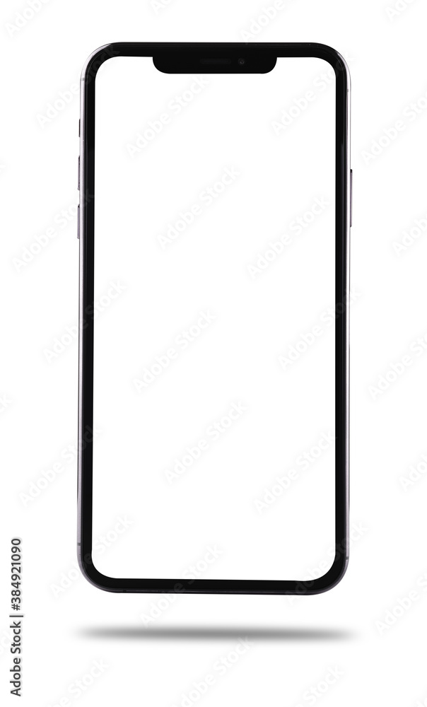 Closeup modern digital black Smartphone mobile mock up blank front screen isolated on white background, no clipping path Closeup modern digital black Smartphone mobile mock up blank front screen isolated on white background, no clipping path