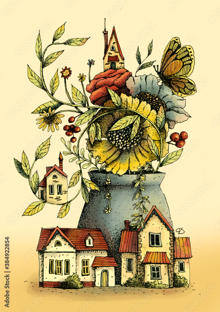 Vase with beautiful flowers, houses, berries and butterfly. Hand drawn watercolor illustration.