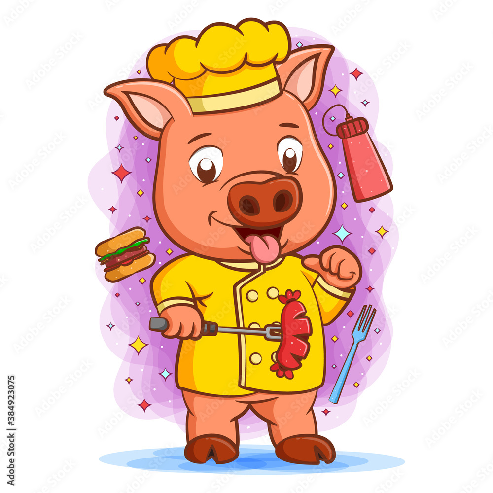 The master chef pig with happy face holding sausage