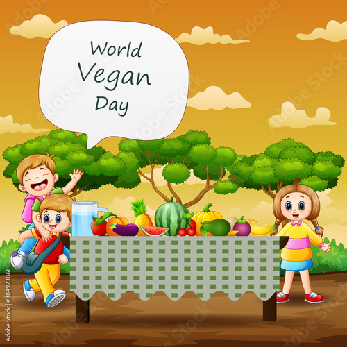 World Vegan Day background with kids and fresh fruit on the table