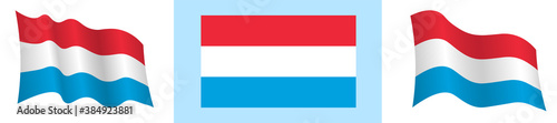 Luxembourg flag in static position and in motion, developing in wind in exact colors and sizes, on white background
