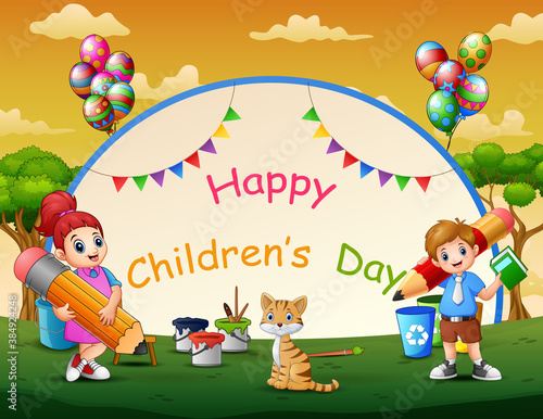 Happy children's day poster with school kids in the park