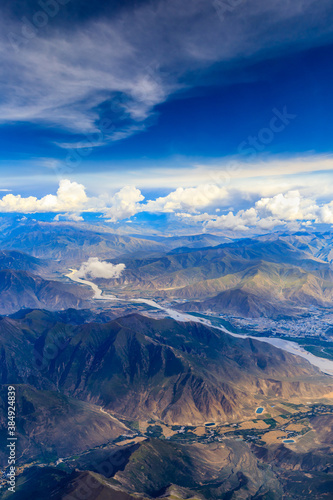 Aerial view of mountain and clouds scenery in Tibet,China.