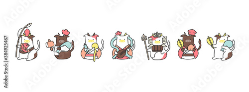 2021 日本の新年を祝う牛の七福神のイラスト　ベクターファイル　おしゃれ　可愛い