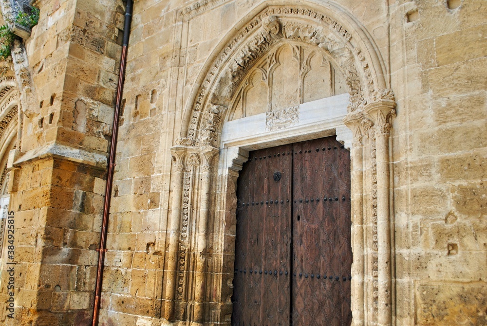 The Gothic style door of St. Sophia, St Sofia's Cathedral, Selimiye Mosque, North Nicosia, Lefkosia, Northern Cyprus.