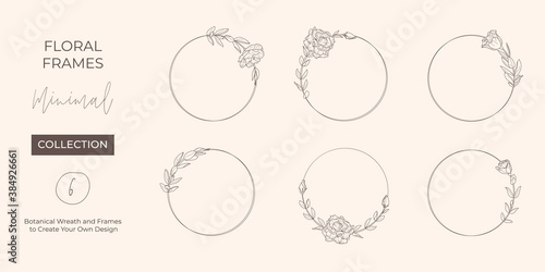 Set frame of Lisianthus Flowers and branches. Round icon in a trendy minimalistic linear style. Vector Floral logo.