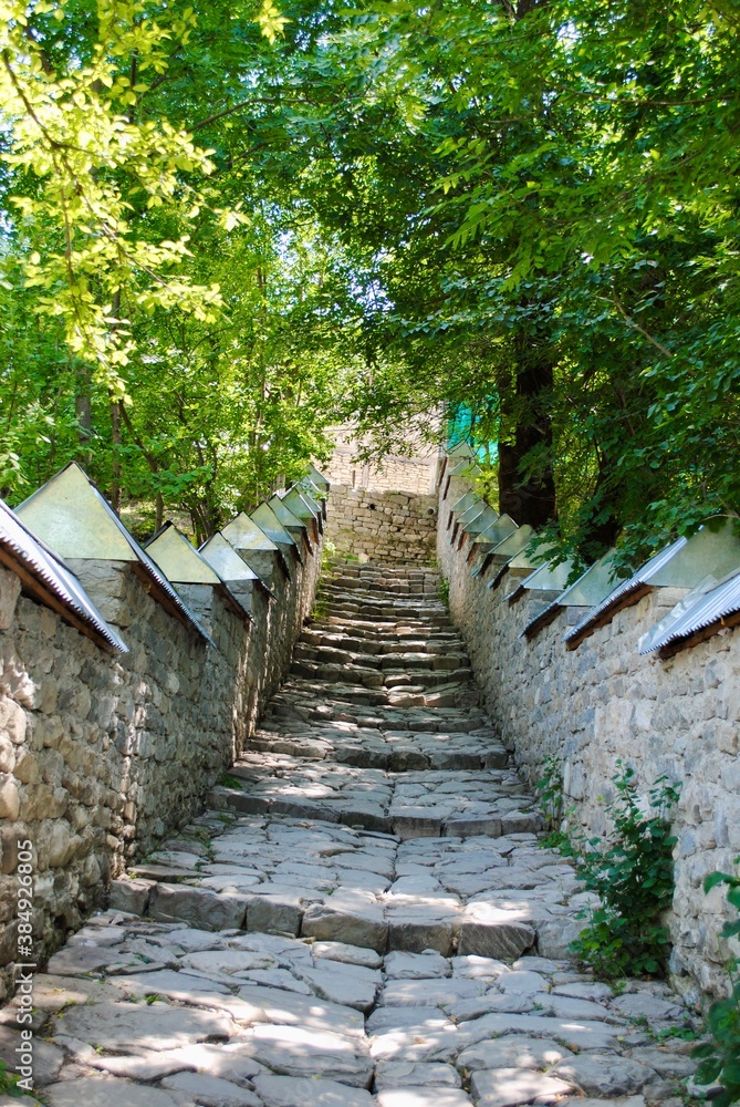 Street view on cobblestone street with stairs and stone wall among green tall trees in Lahic mountain village. Lahic Azerbaijan