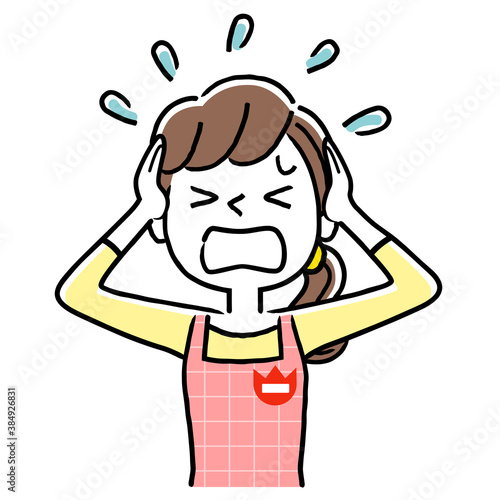 イラスト素材：若い保育士の女性、パニック
