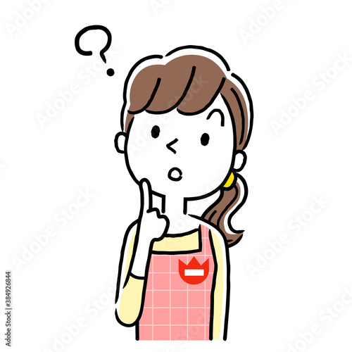 イラスト素材：若い保育士の女性、疑問、考える
